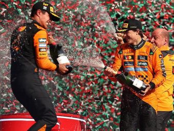 2025 Hungarian Grand Prix - Lando Norris celebrates win on winners rostrum